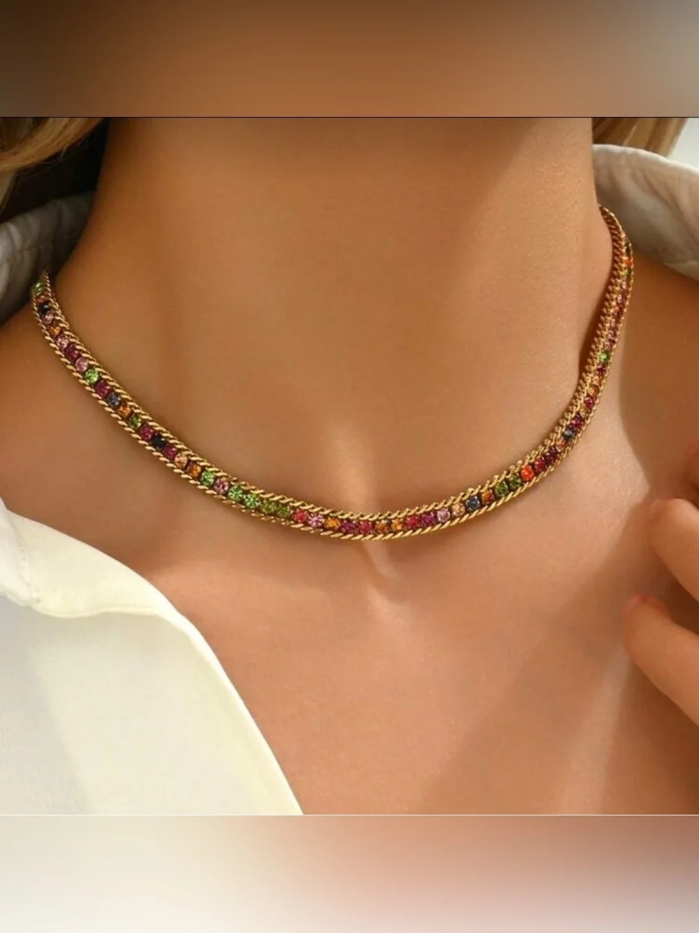 Gold Plated Stainless Steel Rainbow Cubic Zirconia Necklace